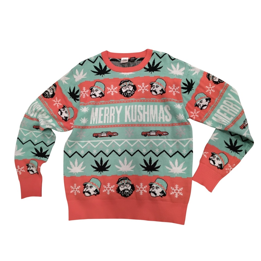 Cheech & Chong Merry Kushmas Ugly Christmas Sweater Teal Salmon Mens Small SM